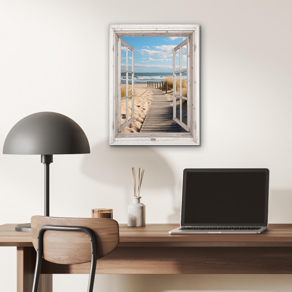 METALLBILD Fenster - Meer - Küste - Natur - Ausblick - Strand - Wattenmeer 30x40 cm - Beige, Metall (30/40cm) - MuchoWow
