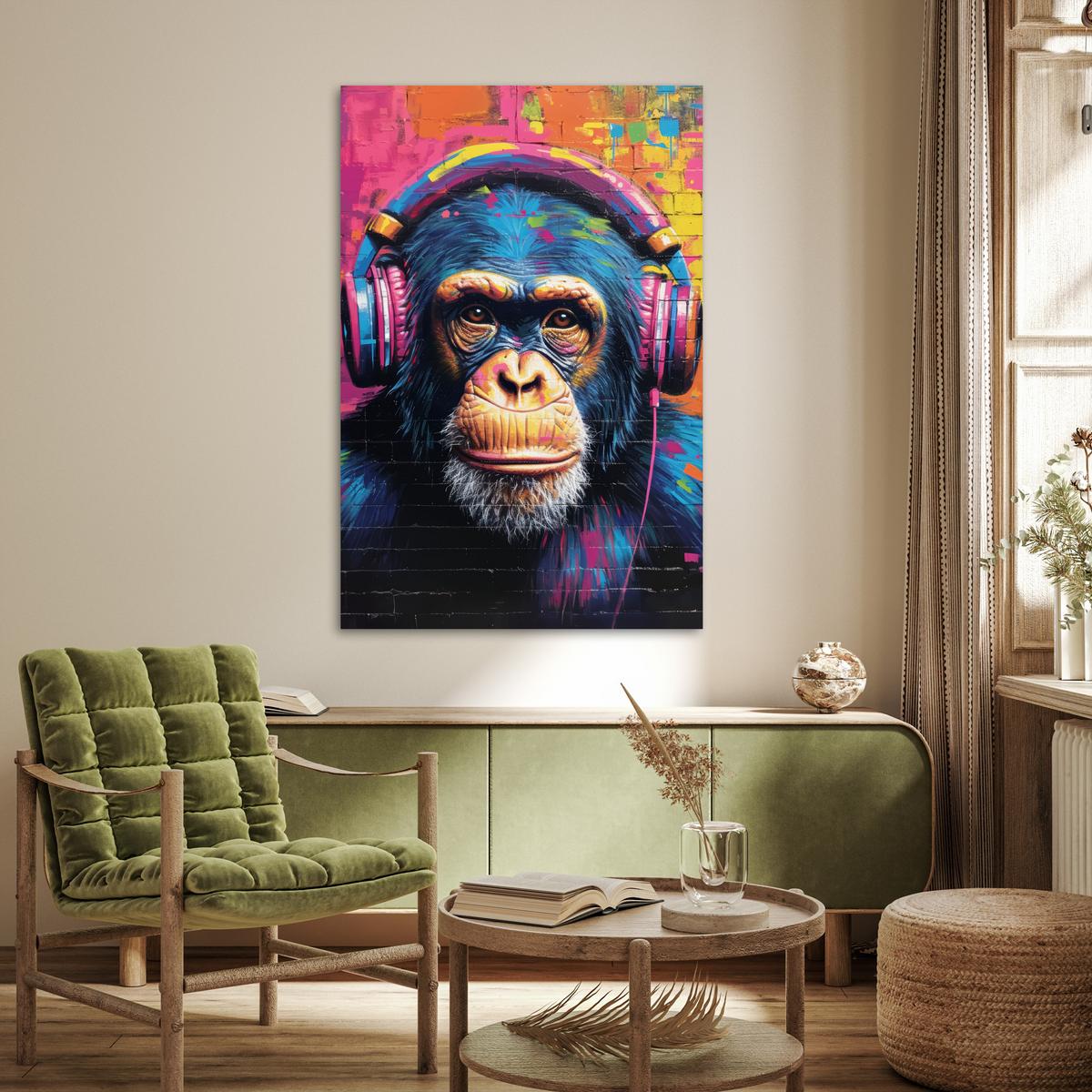 POSTER Graffiti - Schimpanse - Straßenkunst - Kopfhörer - Affe Wandbild Schlafzimmer 80x120 cm - Blau, Papier (80/120/0.1cm) - MuchoWow