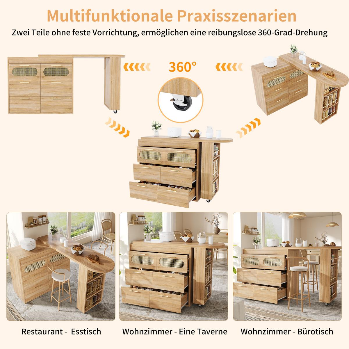 BARTISCH mit küchenbuffet 360° drehbar & 6 schubladen - Naturfarben, Holzwerkstoff (39/203/90cm) - Urban Meuble