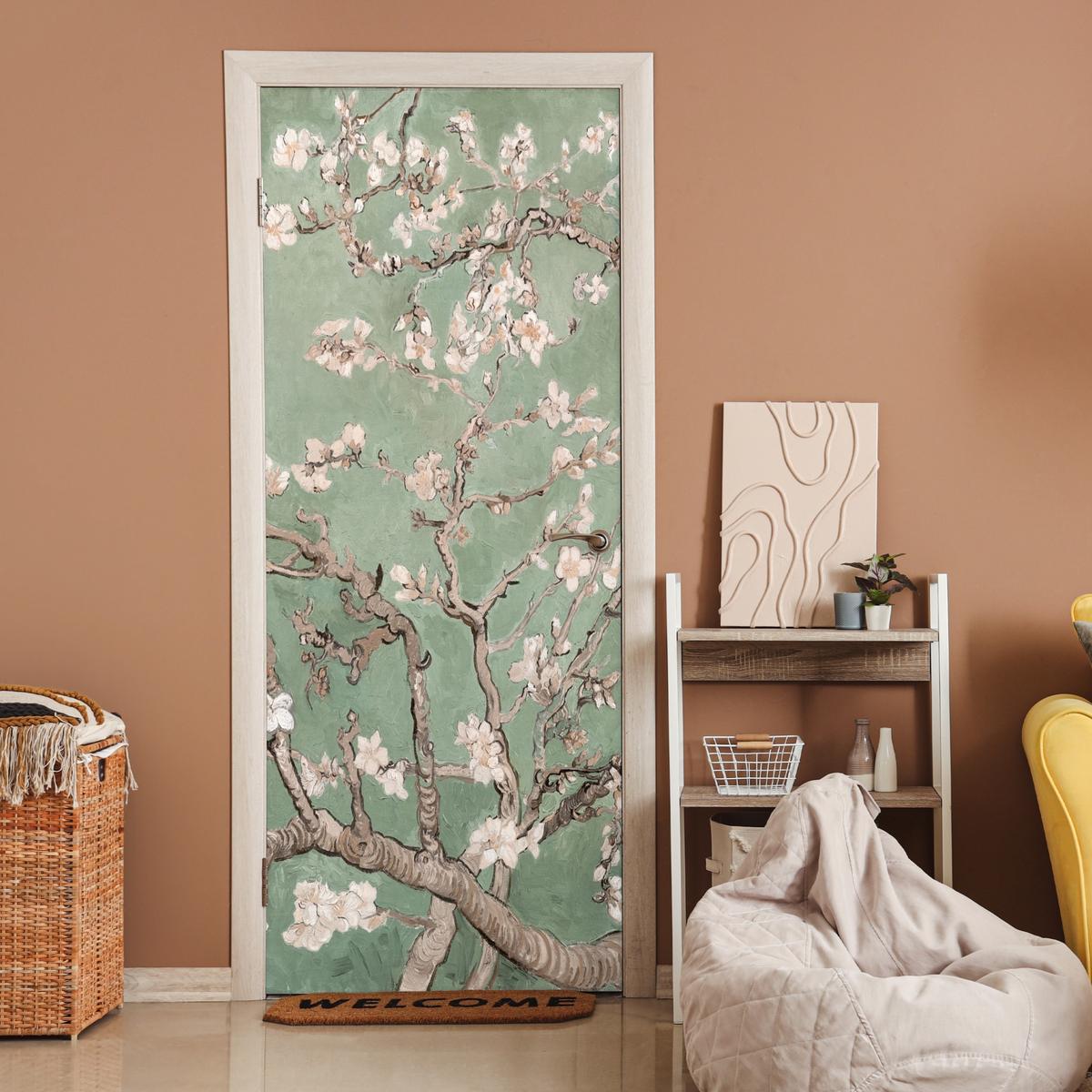 TÜRAUFKLEBER Mandelblüte - Kunst - Van Gogh - Grün 85x215 cm - Türtapete - Salbeigrün, Kunststoff (85/0.1cm) - MuchoWow