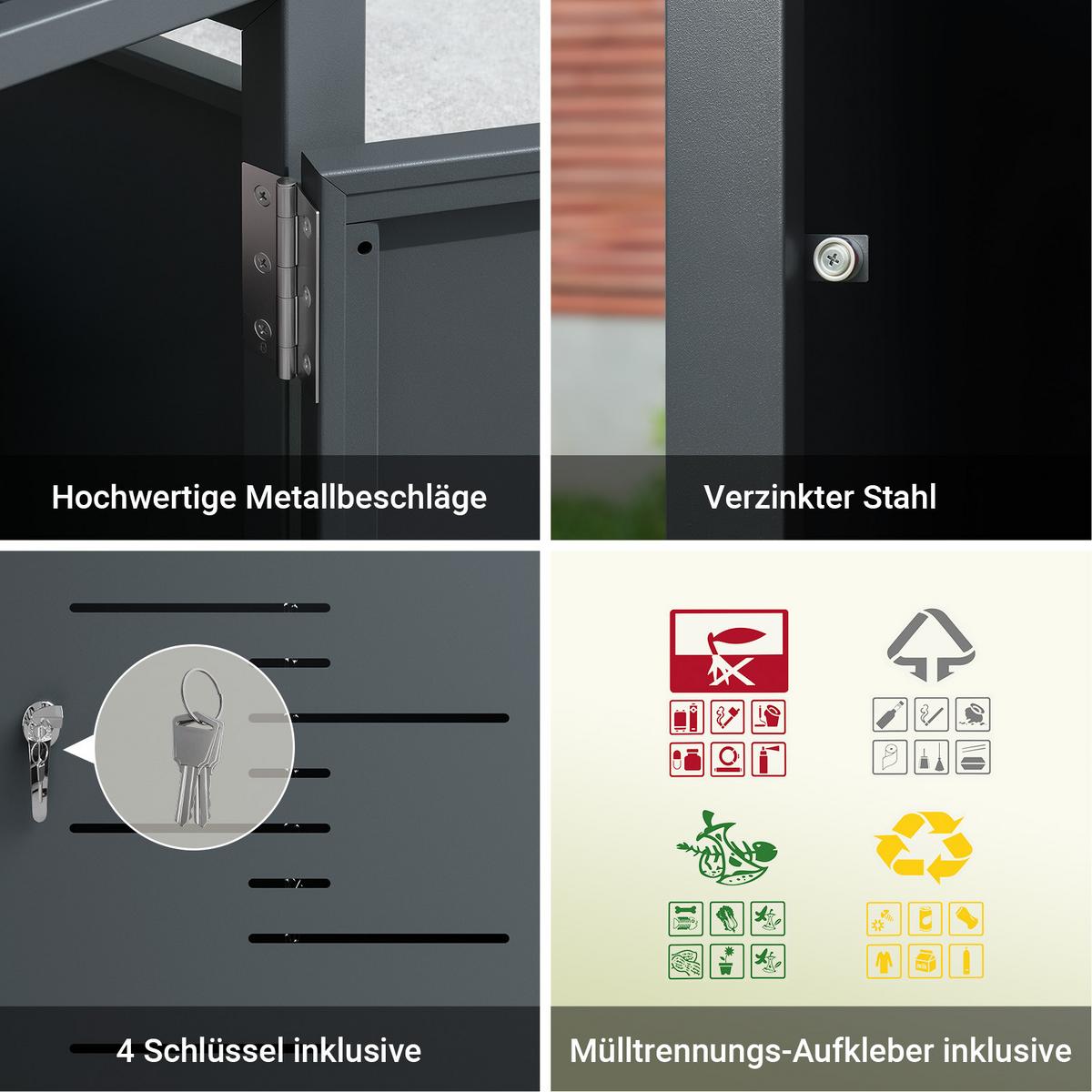 MÜLLTONNENBOX 2er 480L Metall Mülltrennung 134,2x116,2x80,2 cm - Dunkelgrau, Metall (134/116/80cm) - SoBuy