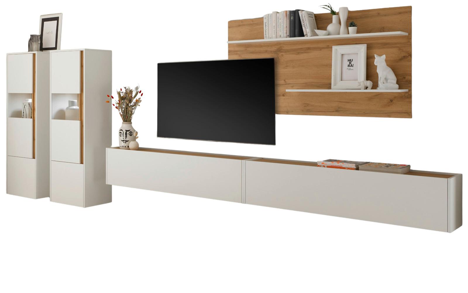 WOHNWAND weiß, Eiche Wotan 5-teilig 440 cm, Schrankwand mit XL Lowboard - Eiche Wotan/Schwarz, Glas/Holz (440/180/40cm) - Furn.Design