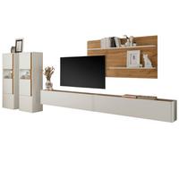 WOHNWAND weiß, Eiche Wotan 5-teilig 440 cm, Schrankwand mit XL Lowboard - Eiche Wotan/Schwarz, Glas/Holz (440/180/40cm) - Furn.Design