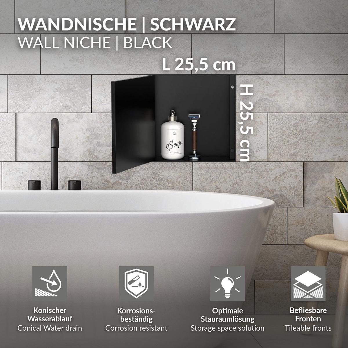 DUSCHNISCHE Edelstahl mit befliesbarer Tür Schwarz 25,5/25,5 cm - Schwarz, Metall (30/10/30cm) - LuxeBath