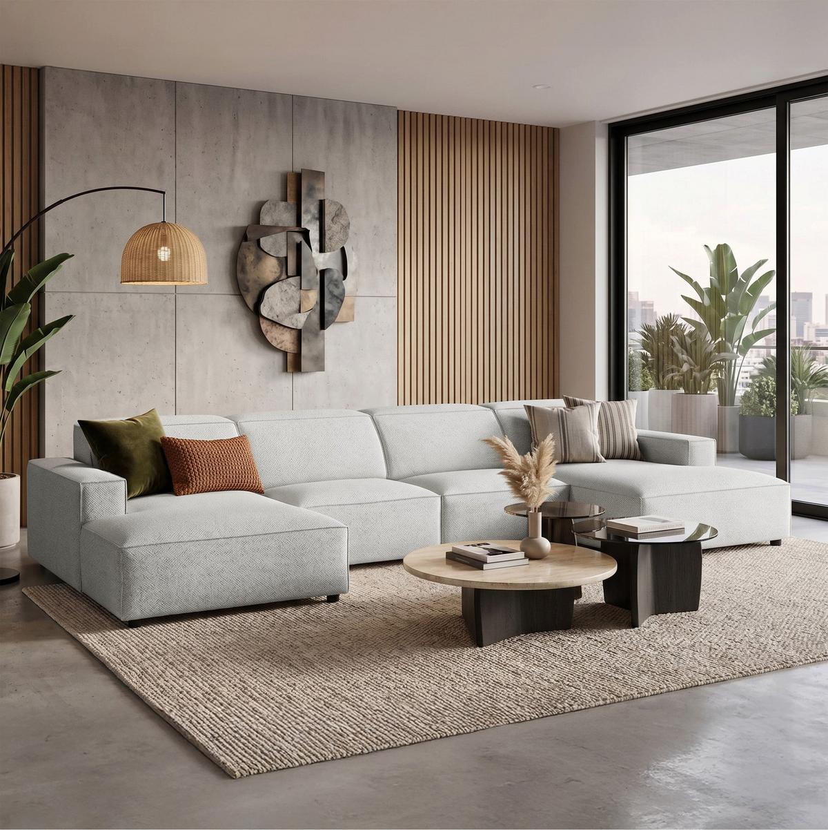 WOHNLANDSCHAFT Sellmo 368 cm - Hellgrau/Schwarz, Kunststoff/Textil (374/70/166cm) - Selsey