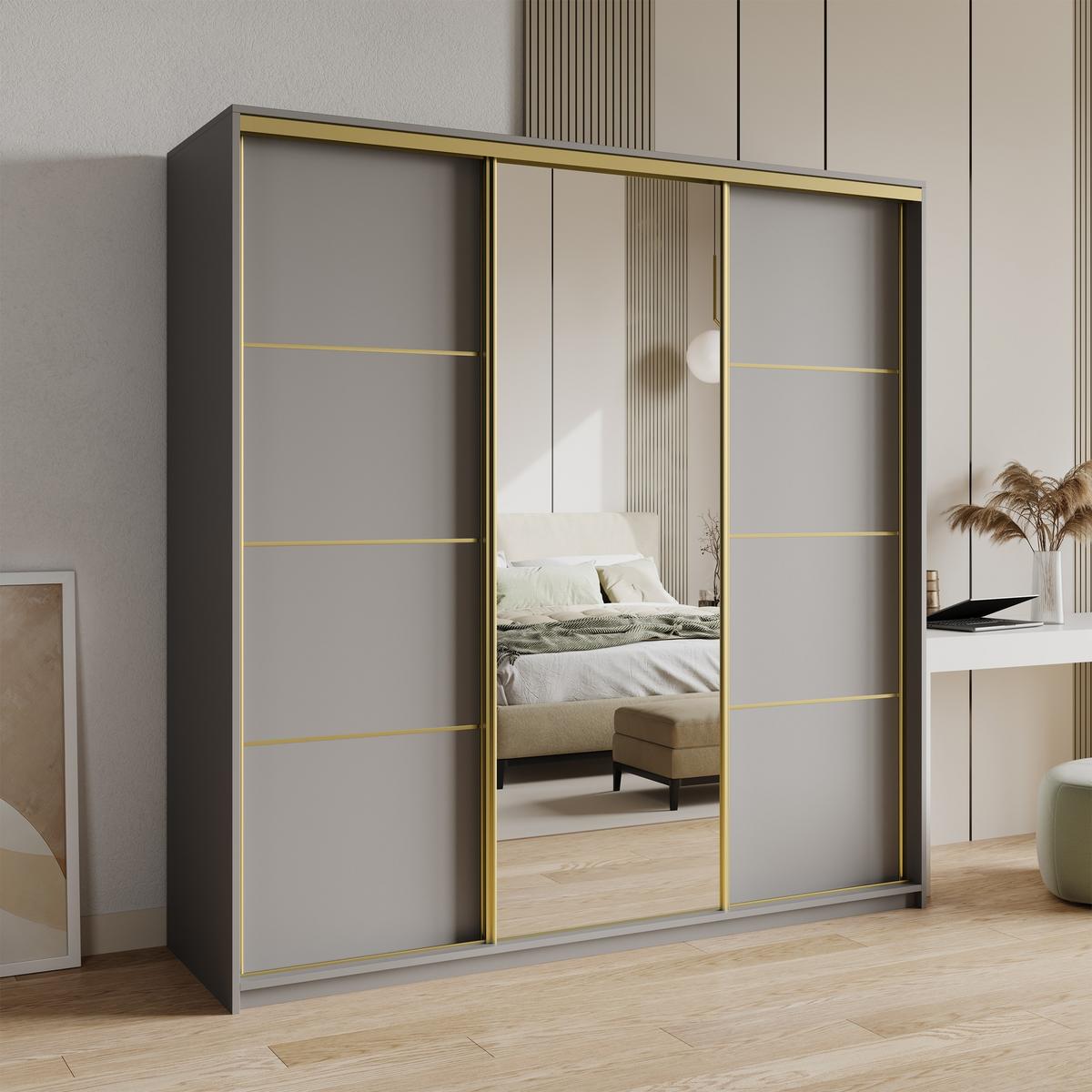 SCHWEBETÜRENSCHRANK VARO 180/205/60 cm 3-türig mit Spiegel und Schubladen Graphitfarben - Goldfarben/Graphitfarben, Holzwerkstoff (180/205/60cm) - MASSENO