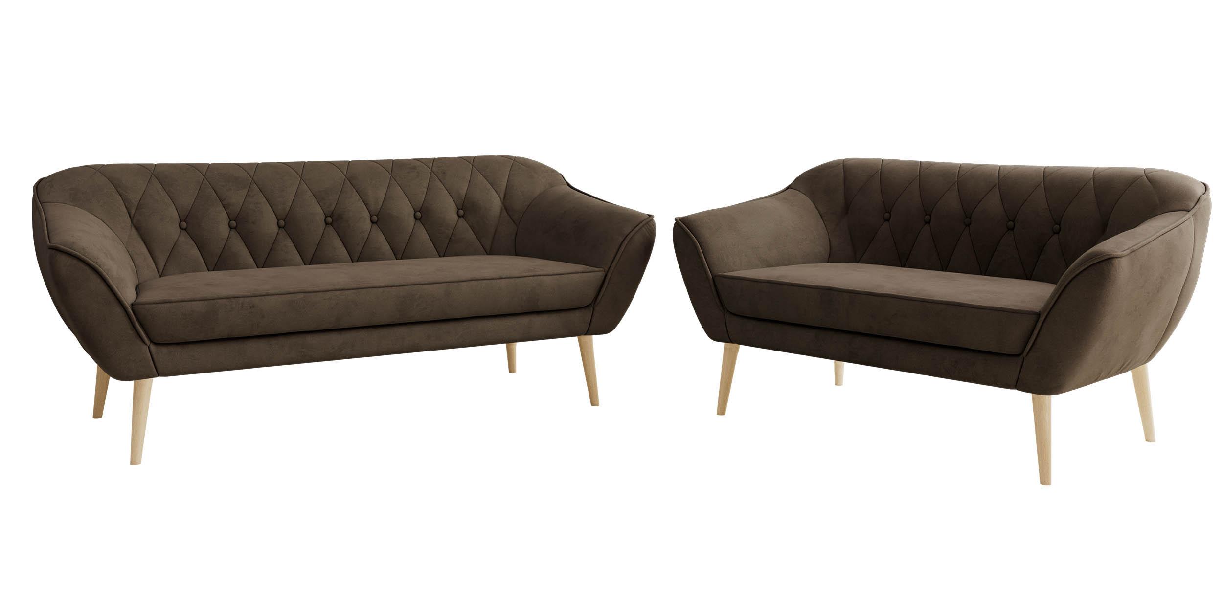 SITZGARNITUR PIRS 3+2 - Braun Velvet - Holzbeine - Dunkelbraun/Buchefarben, Holzwerkstoff/Textil (180/75/74cm) - MKS