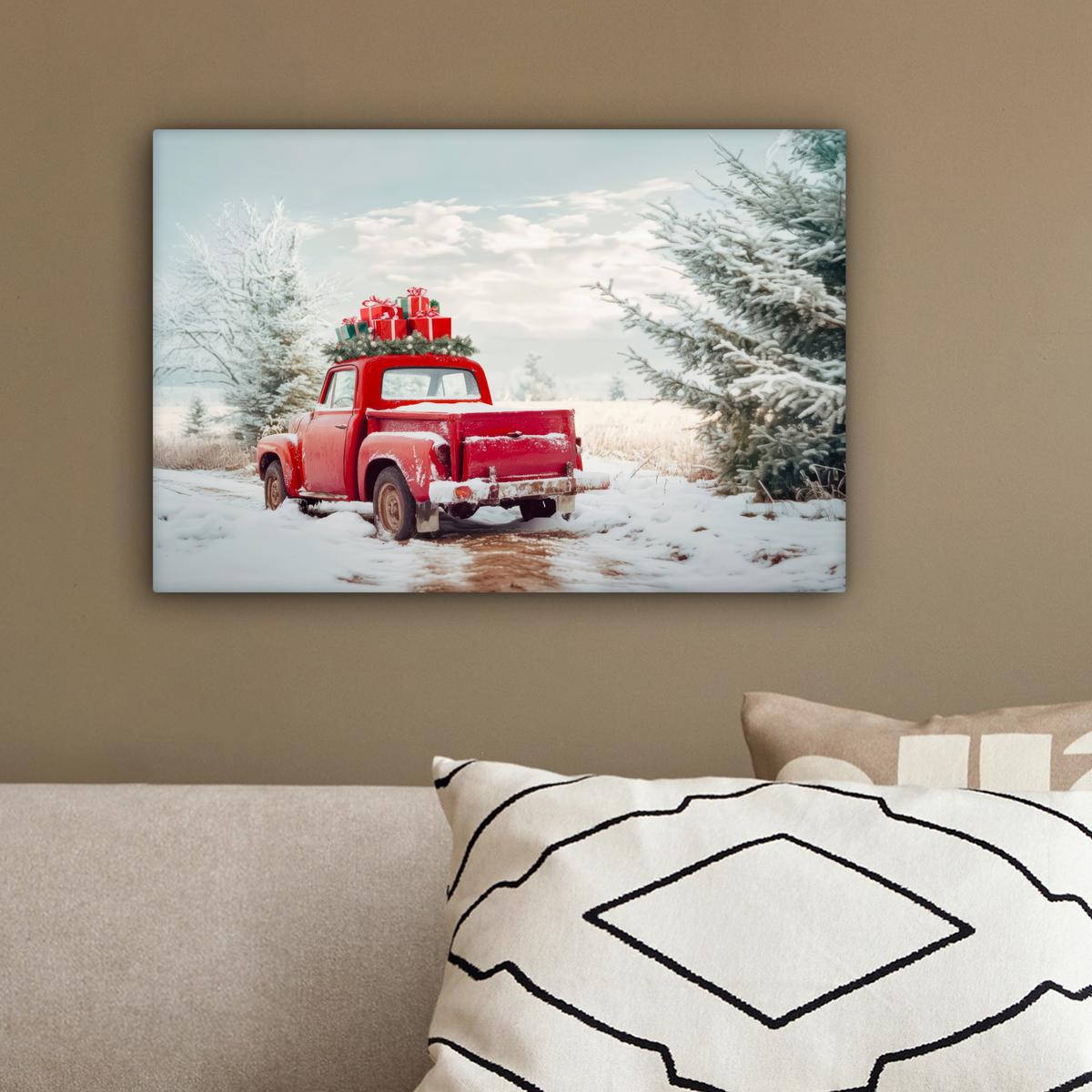 LEINWANDBILD Auto - Rot - Geschenke - Winter - Schnee - Weihnachten Deko Schlafzimmer 30x20 cm - Rot, Textil (30/20cm) - MuchoWow
