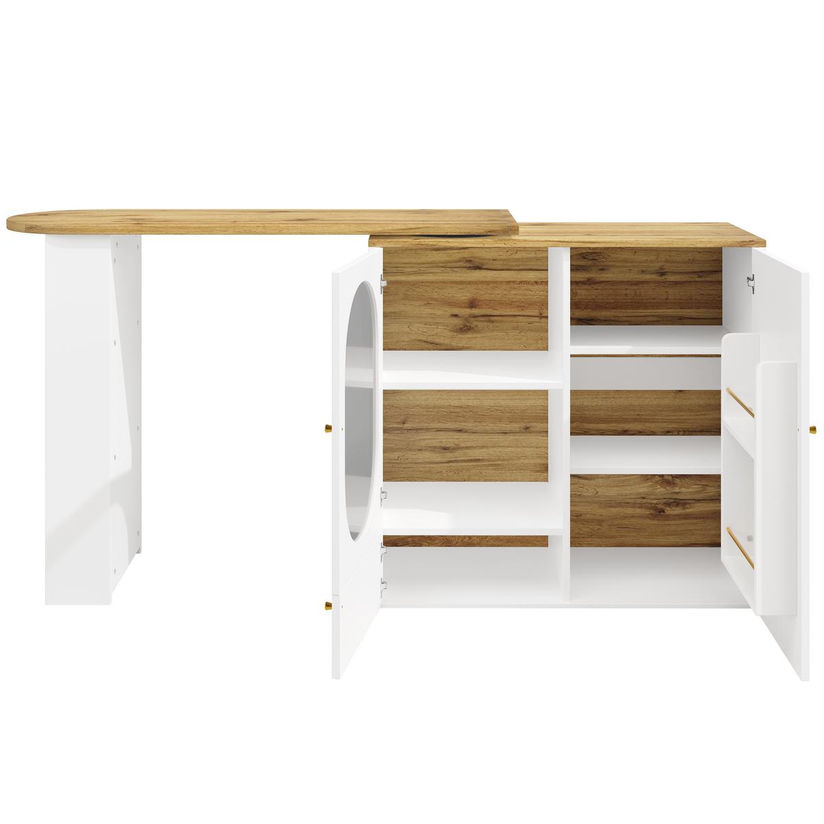 BARTISCH mit Stauraum Weiß Holzoptik 204 cm drehbar - Weiß, Glas/Holzwerkstoff (73/138/93cm) - Urban Meuble