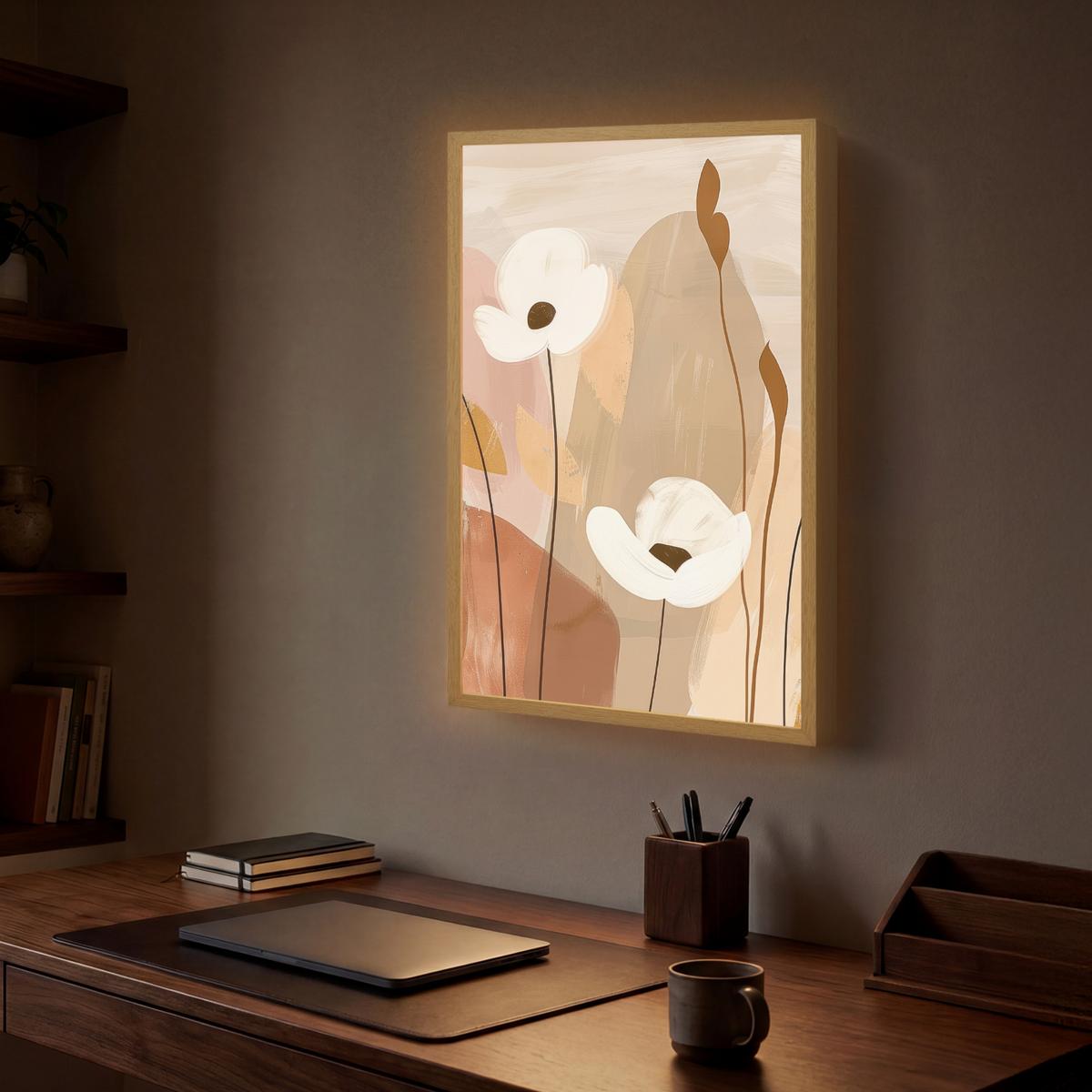 WANDLEUCHTE MIT AKKU Blumen - Abstrakt - Beige - Strichzeichnung 40x60 cm - Sandfarben, Holzwerkstoff (40/60/8cm) - OnlyWow