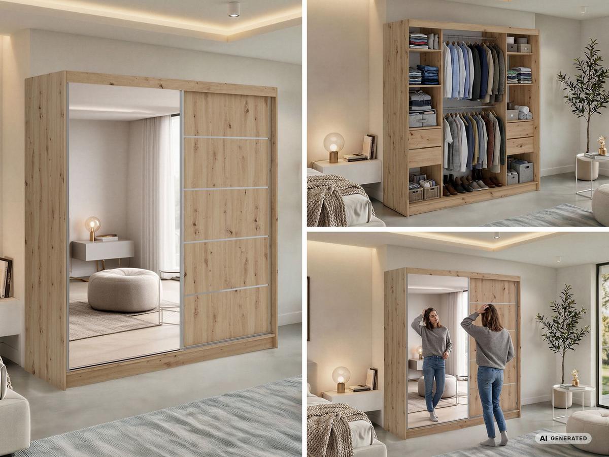 SCHWEBETÜRENSCHRANK mit Schubladen 200 - SKORIA - Eiche Artisan mit Spiegel - Alufarben/Eiche Artisan, Holzwerkstoff/Metall (200/216/61cm) - MKS