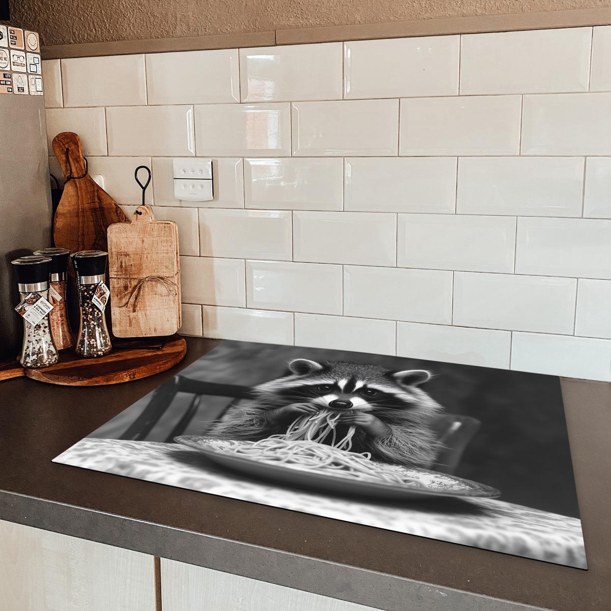 HERDABDECKPLATTE Waschbär - Niedlich - Pasta - Tischtuch - Schwarz - Weiß Induktionsmatte 71x52 cm - Grau, Kunststoff (71/52/0.2cm) - MuchoWow