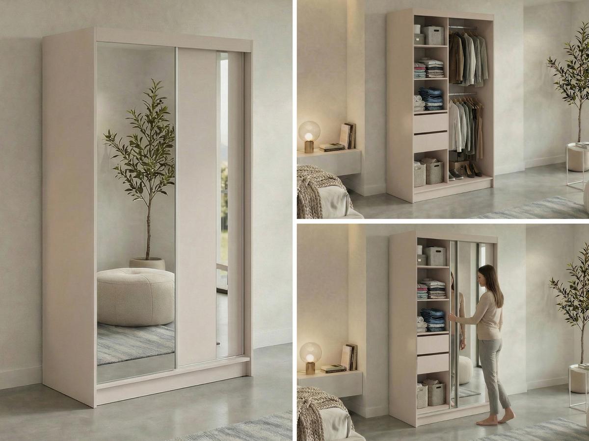 SCHWEBETÜRENSCHRANK mit Schubladen 120 - GRECJA - Kaschmir mit Spiegel - Kaschmir/Alufarben, Holzwerkstoff/Metall (120/216/61cm) - MKS