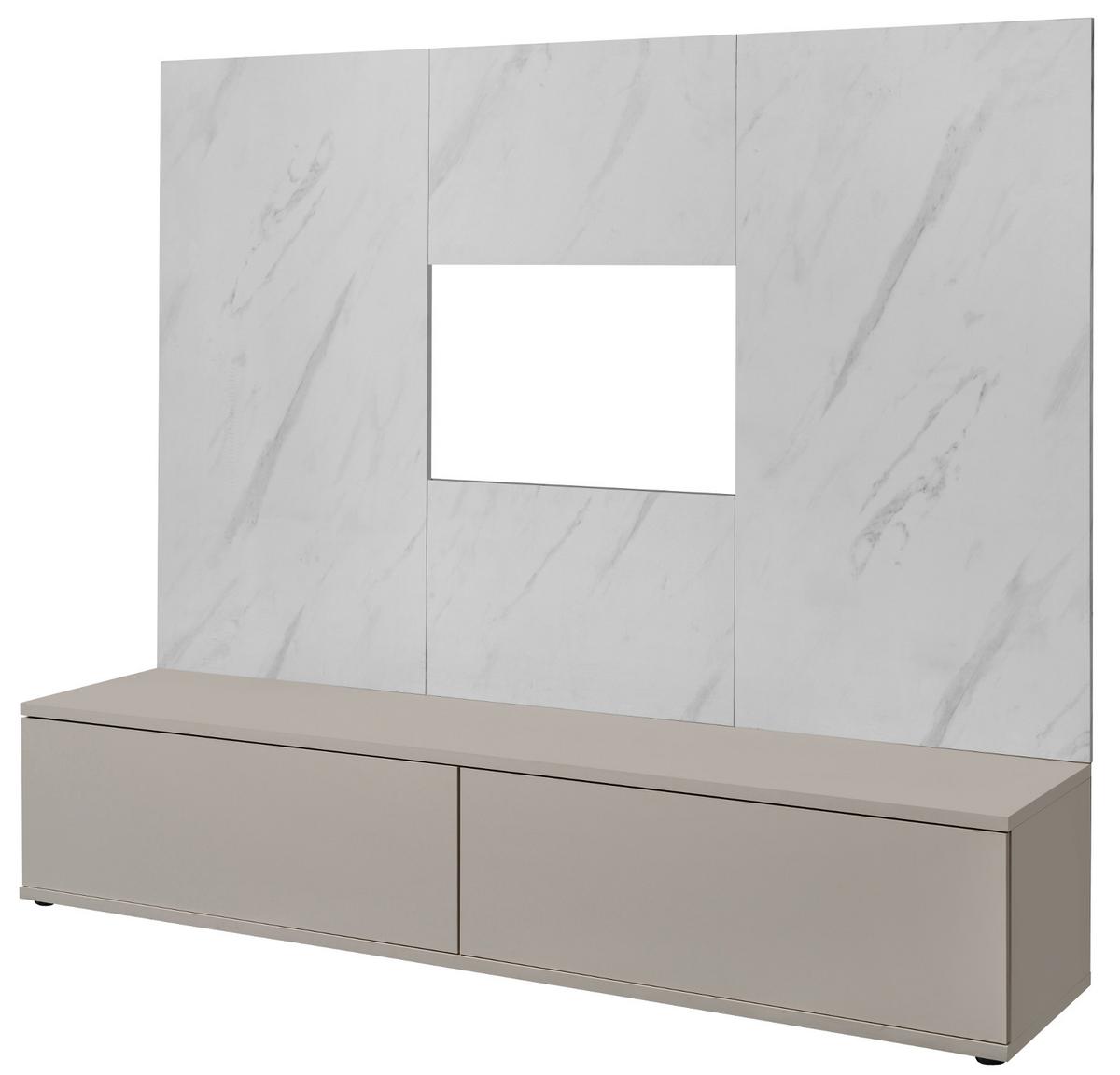 TV-LOWBOARD kaschmir, Marmor weiß 180 cm, TV Unterschrank Set mit Wandpaneel und Push-to-Open - Kaschmir/Weiß, Holzwerkstoff (180/155/45cm) - Inn.Furn