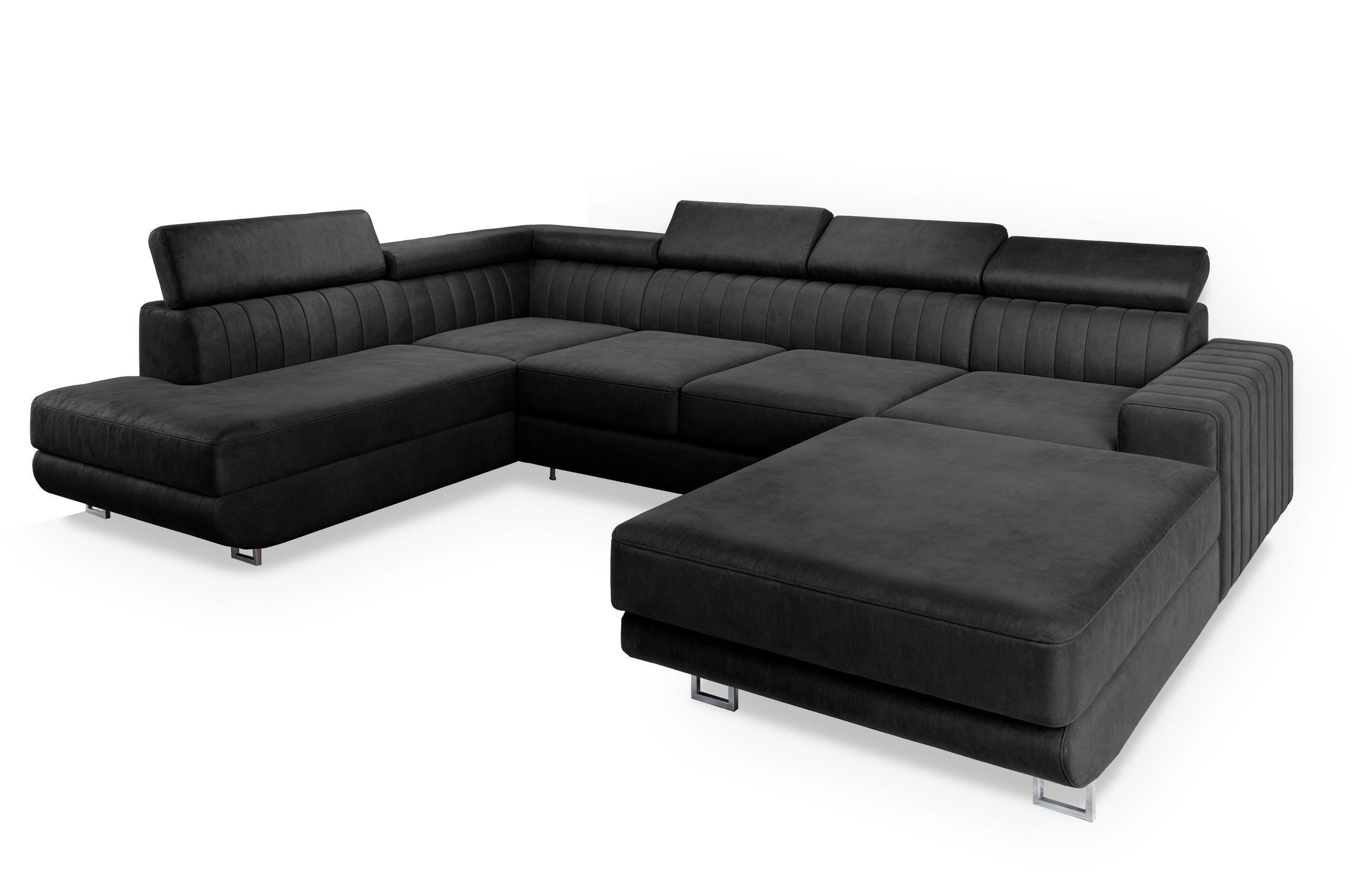 WOHNLANDSCHAFT SIENA L-S Schwarz Velours-Stoff mit Schlaffunktion - Silberfarben/Schwarz, Holz/Textil (335/89/190cm) - MASSENO