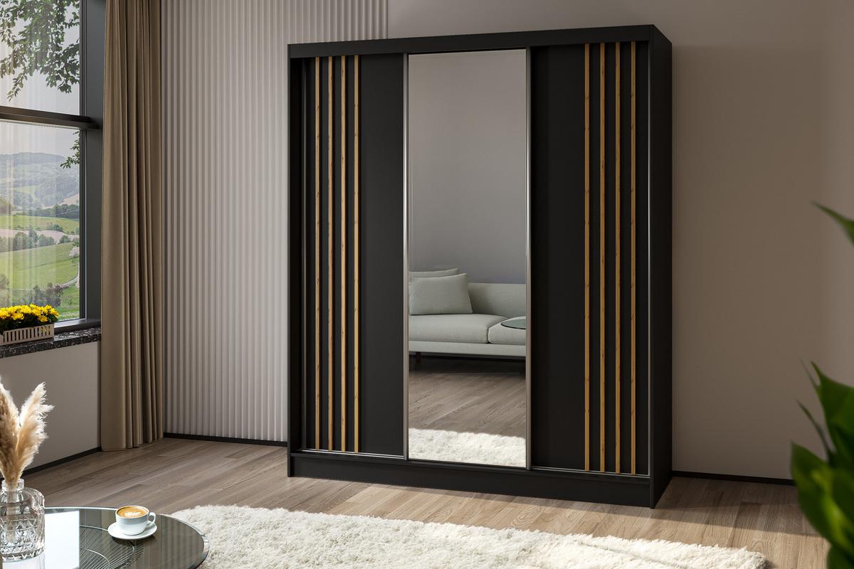 KLEIDERSCHRANK mit Spiegel-Schiebetüren und Aluminium-Leisten, LED-Beleuchtung - NALLA - 180 cm Schwarz+Schwarz+Artisan - Anthrazit/Eiche Artisan, Holzwerkstoff (180/216/61cm) - ALTDECOR