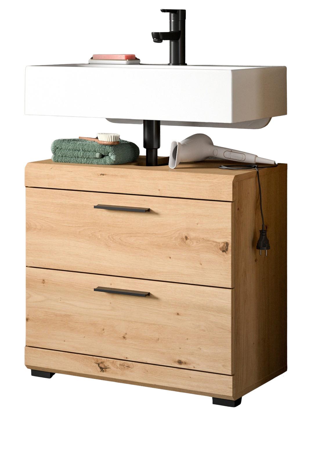 WASCHBECKENUNTERSCHRANK Eiche Artisan 60 cm, Badezimmer Unterschrank mit Schubkästen - Schwarz/Eiche Artisan, Holzwerkstoff/Kunststoff (60/56/34cm) - Inn.Furn