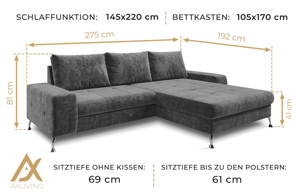 ECKSOFA L Form Artemia Braun Samt 275/192/81 cm – modernes Sofa fürs Wohnzimmer R - Silberfarben/Braun, Textil/Metall (275/192cm) - AX Living