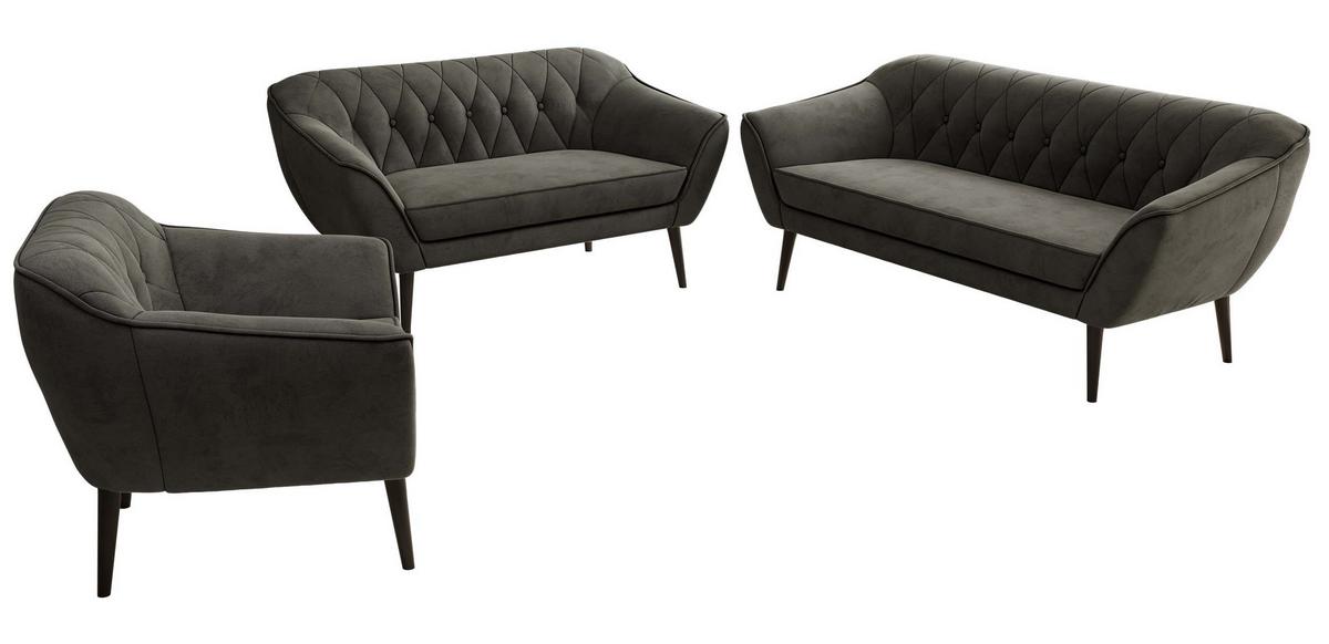 SITZGARNITUR PIRS 3+2+1 - Dunkelgrau Velvet - Schwarze Beine - Dunkelgrau/Schwarz, Holzwerkstoff/Textil (180/75/74cm) - MKS