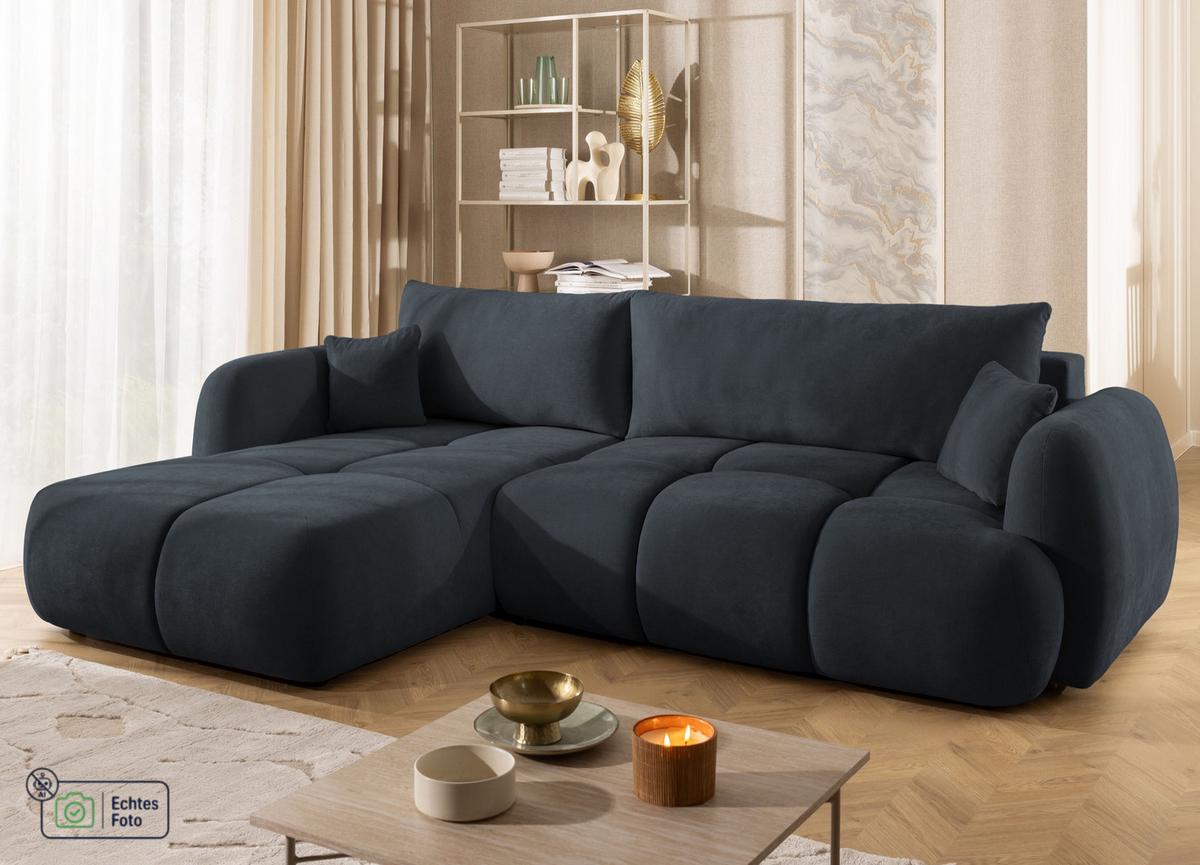 ECKSOFA Loretto aus natürlichem Schwarz Webstoff mit Schlaffunktion, Bettkasten und tiefen Steppungen in Bubble-Optik - Schwarz, Holz/Kunststoff (180/275cm) - S-Style
