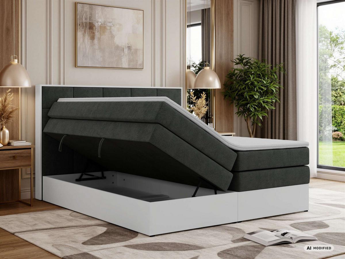 BOXSPRINGBETT ALVIT KING 140/200 - Dunkelgrau Stukture - Topper T25 - H3 - Dunkelgrau/Schwarz, Kunststoff/Textil (140/200cm) - MKS