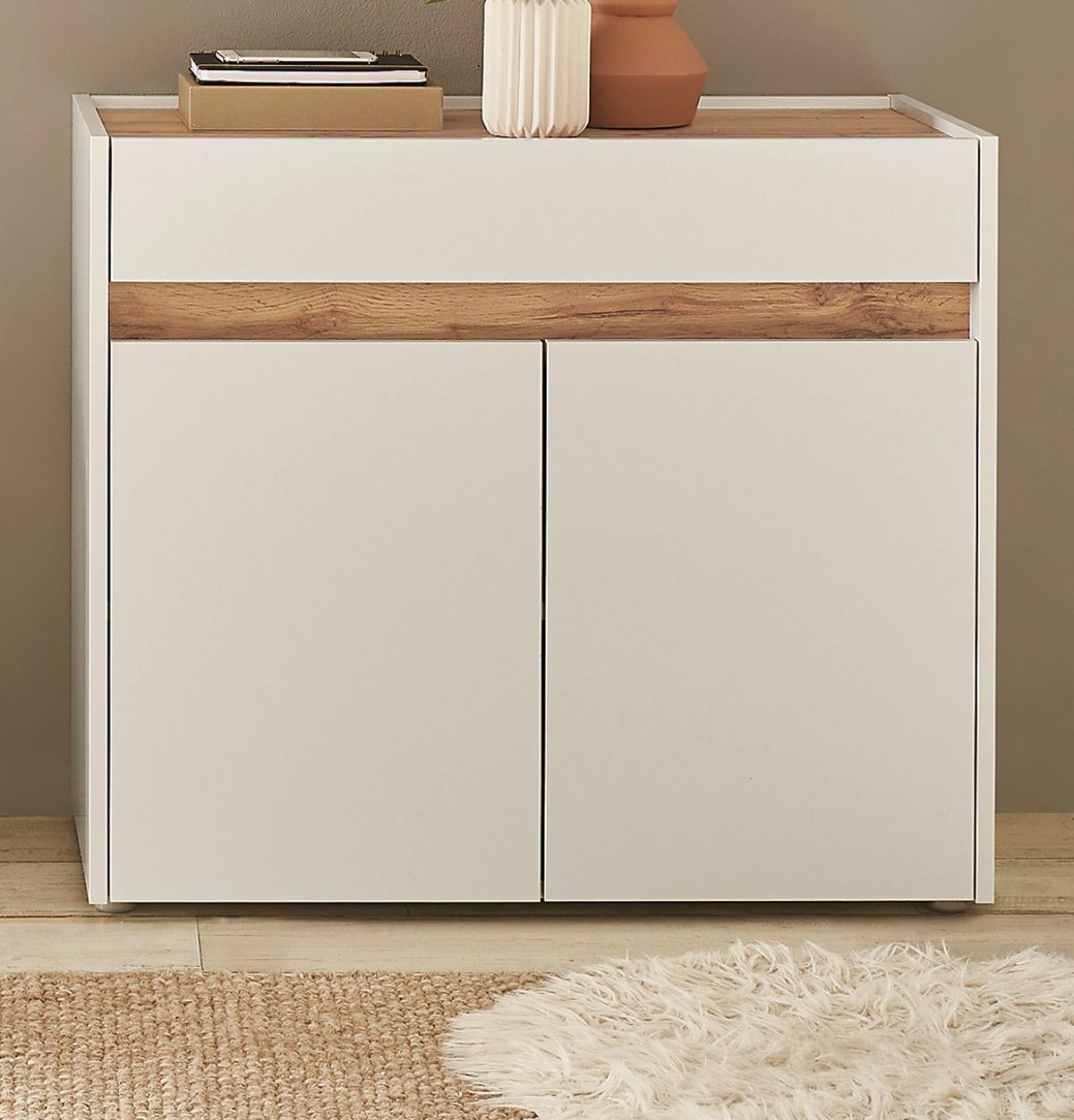 SCHUHSCHRANK weiß, Eiche Wotan 80 x 70 cm, Flurkommode mit Schubladen - Eiche Wotan/Silberfarben, Holzwerkstoff/Kunststoff (80/70/40cm) - Furn.Design
