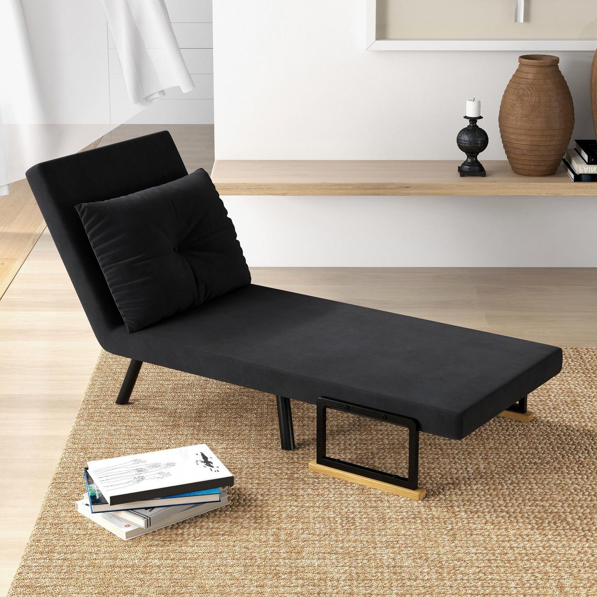 SCHLAFSESSEL, Einzelsofa mit Bettfunktion, Relaxsessel mit Rückenkissen Schwarz - Schwarz/Naturfarben, Holz/Textil (63/81/73cm) - HOMCOM