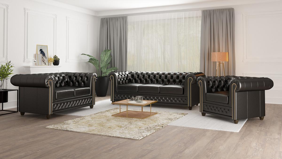 CHESTERFIELD-SOFA 2-sitzer Morin Schwarz vegan Leder - Schwarz/Braun, Holz/Textil (148/72/86cm) - S-Style Möbel