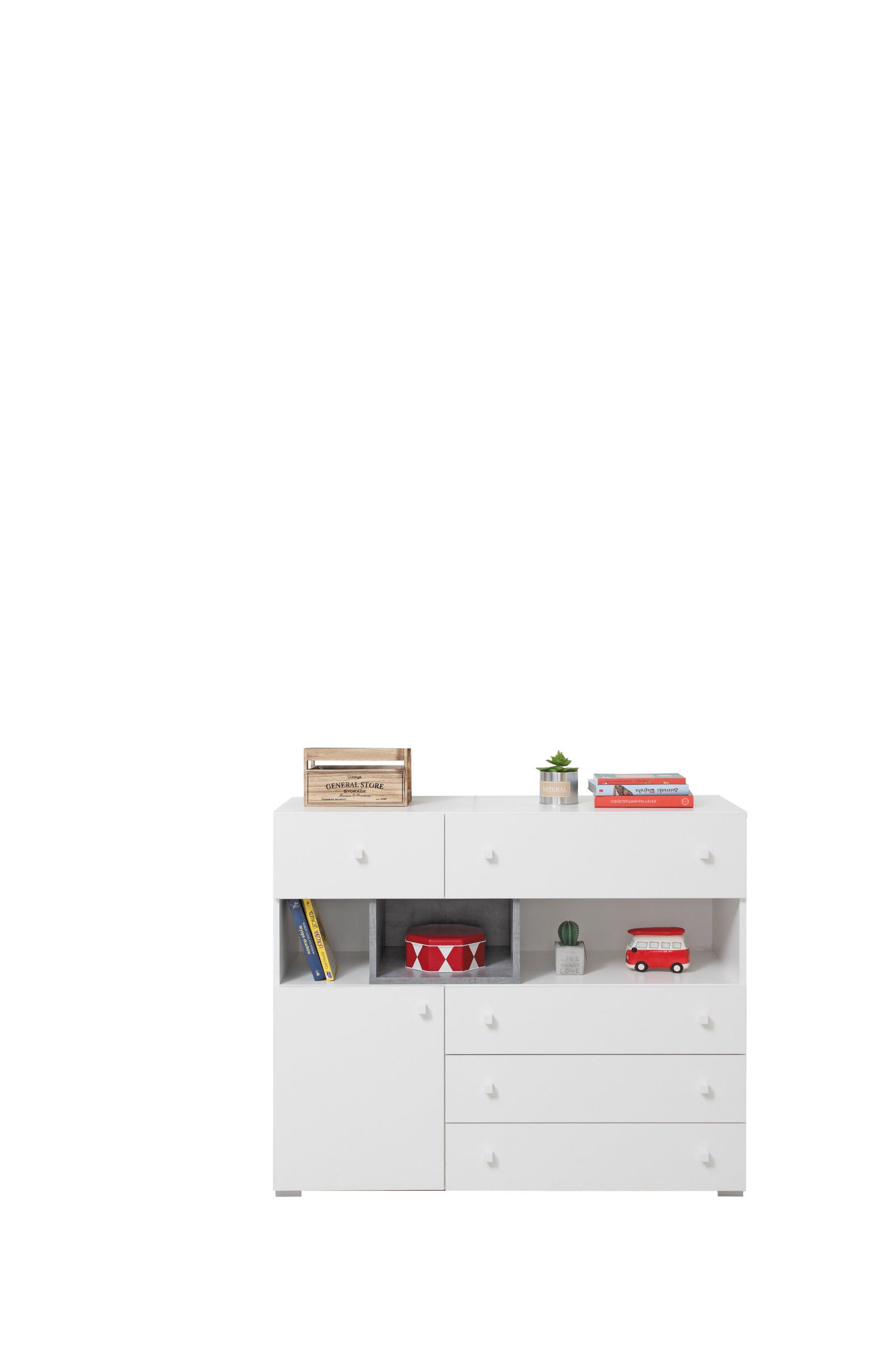 KOMMODE GALIA 110/90/40cm mit 5 Schubladen 1 Türen Weiß - Weiß/Grau, Holzwerkstoff (110/90/40cm) - MASSENO