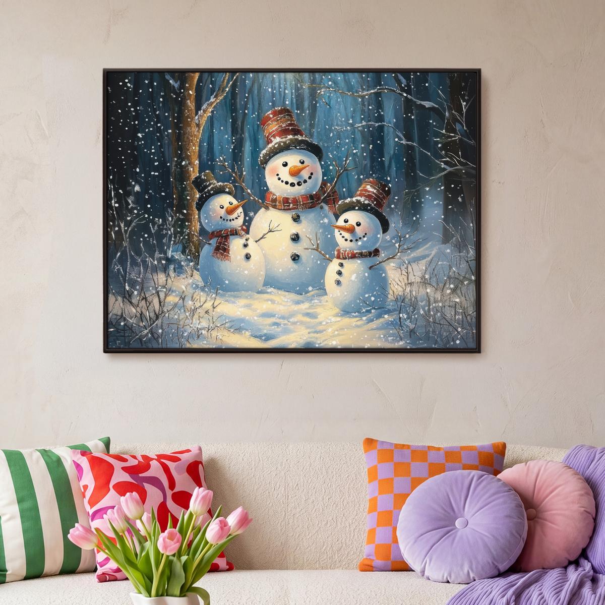 LEINWAND Bilder mit Rahmen - Schneemann - Schnee - Winter - Wald - 100x70 - Hellblau, Textil (100/70cm) - MuchoWow