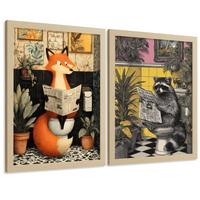 POSTER 2er-Set dekorative Badezimmer-Kunstdrucke, künstlerische für Wand, Toilette mit Tieren auf der Toilette, Vintage Leichter Holzrahmen A3 - Beige, Papier (42/29.7/3cm) - Nacnic