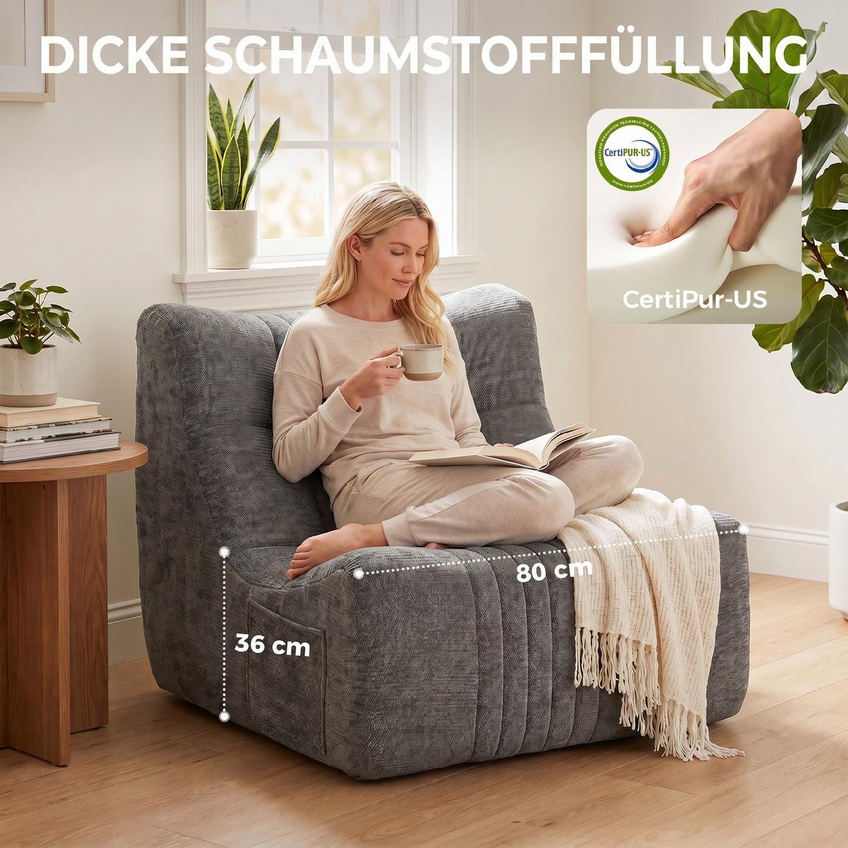 BODENSESSEL Chenille 100 Polyester Schaumstoff Kastaniengrau - Grau, Textil (80/76/90cm) - HOMCOM