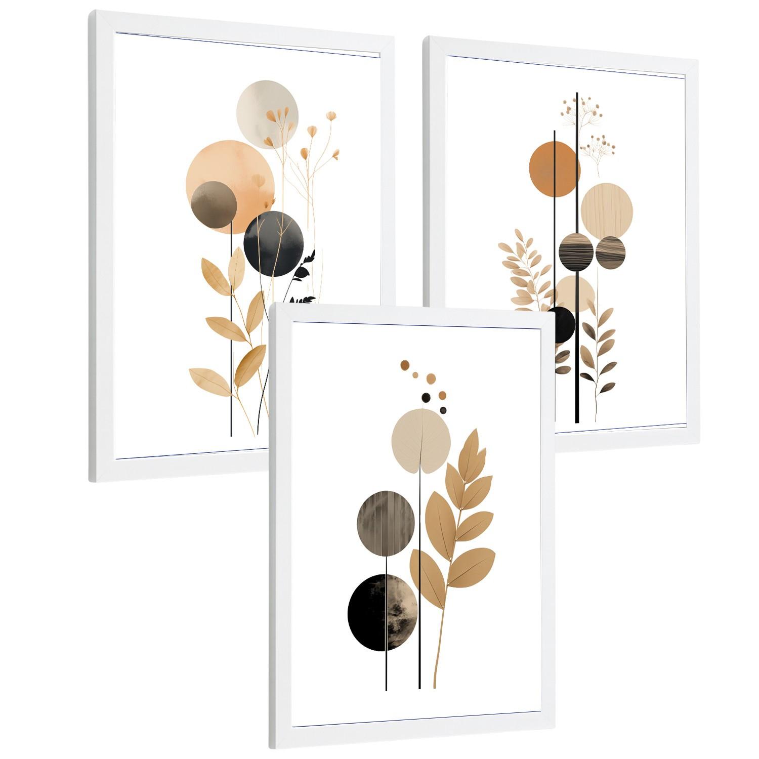 POSTER 3er-Set Wandbilder Geometrische Blumen modern Wohnzimmer Deko, Schlafzimmer, Küche, Badezimmer Weißer Rahmen A4 - Weiß, Papier (29.7/1/21cm) - Nacnic