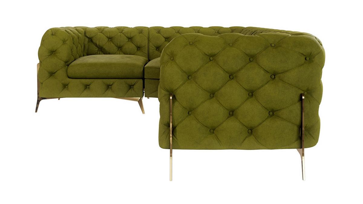 ECKSOFA Chesterfield Lexi Olive Samt, Ottomane links - Goldfarben/Olivgrün, Holz/Textil (264/204cm) - S-Style