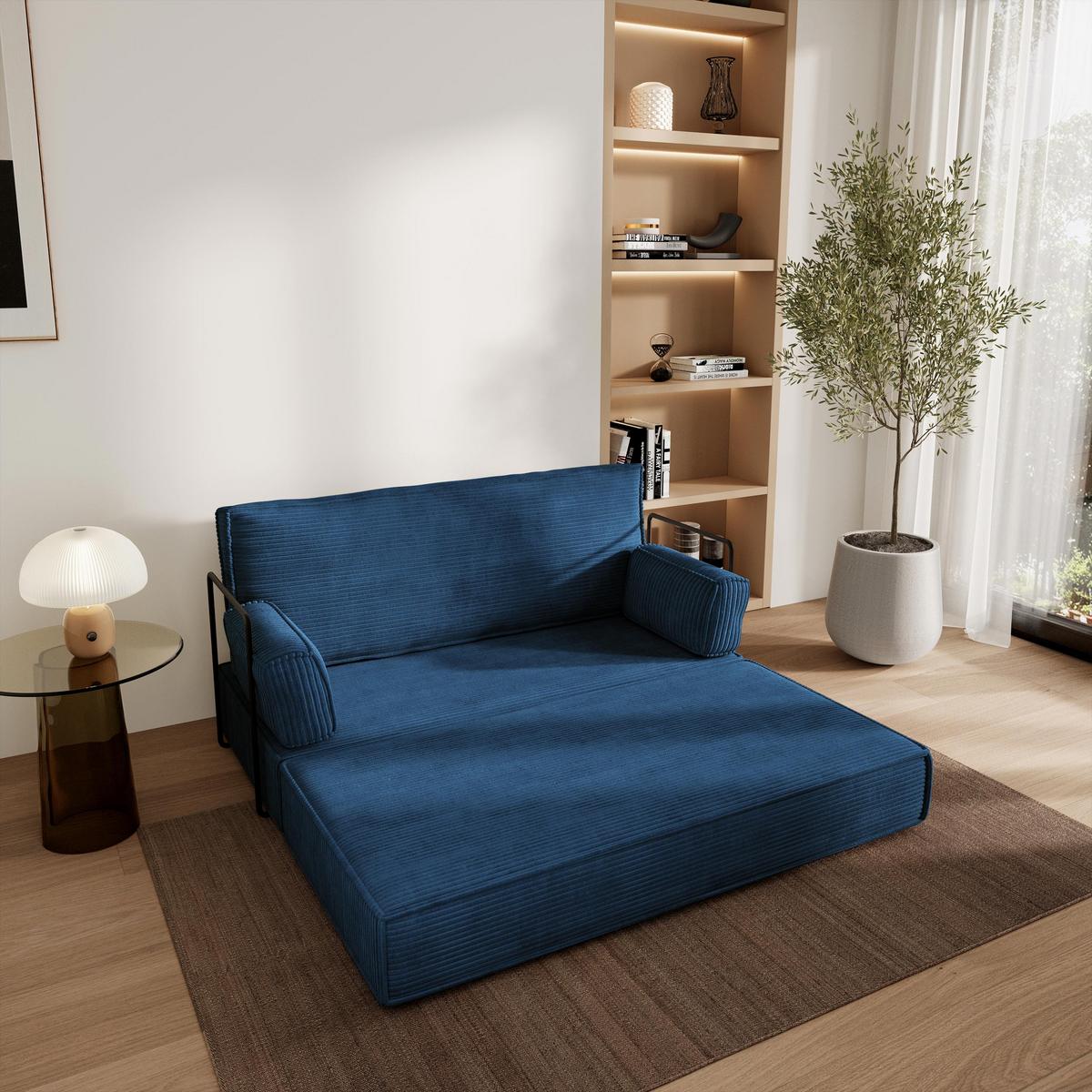 BETTSOFA LADIA aus Schaumstoff Kordstoff Blau Schlaffunktion - Blau, Textil (140/86/60cm) - MASSENO