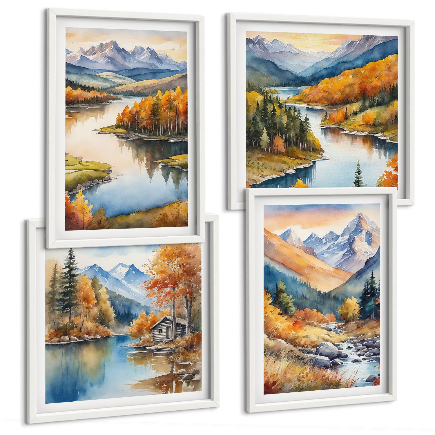 BILDER SET 4er Set - 50x50 cm & 40x60 cm Weißer Rahmen - Bergblick, Fluss, Herbst - Weiß, Kunststoff (50/50cm) - TULUP