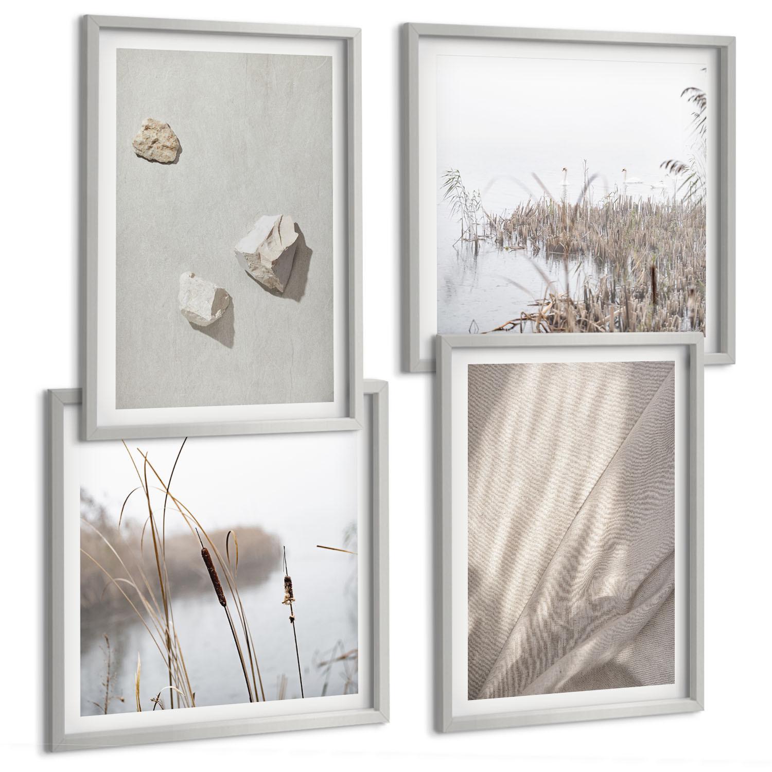 BILDER SET 4er Set - 50x50 cm & 40x60 cm Silberner Rahmen - Nahaufnahmen der Struktur im Boho-Stil - Silberfarben, Kunststoff (50/50cm) - TULUP