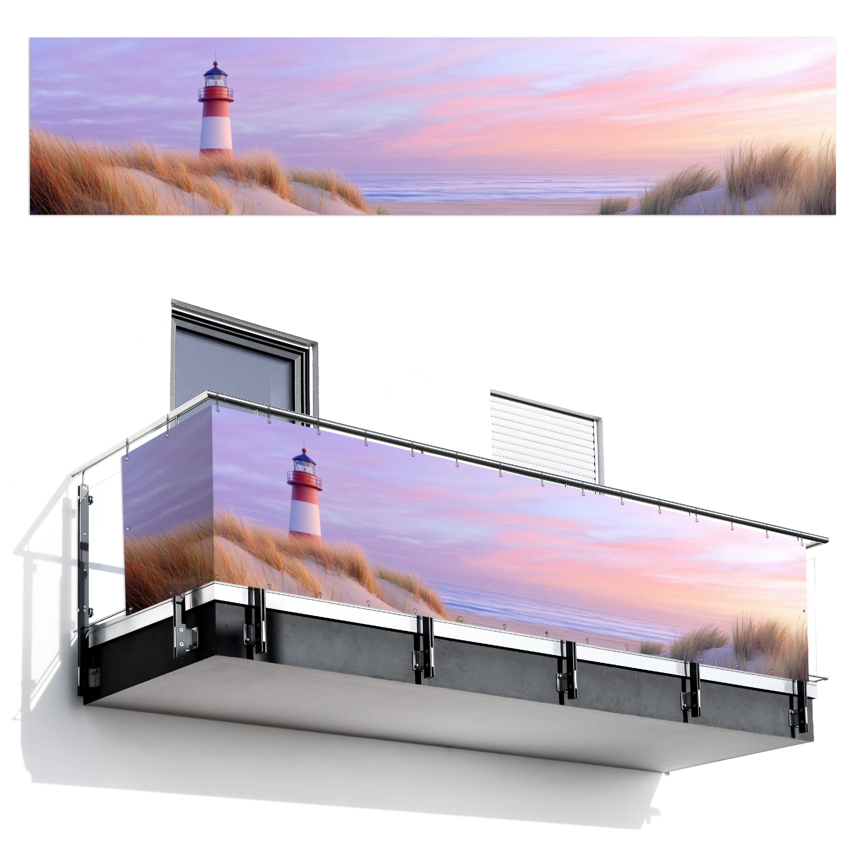 BALKON-SICHTSCHUTZ Leuchtturm - Dünen - Sonnenuntergang Deko XXL 500x110 cm - Hellrosa, Kunststoff (500/110cm) - MuchoWow