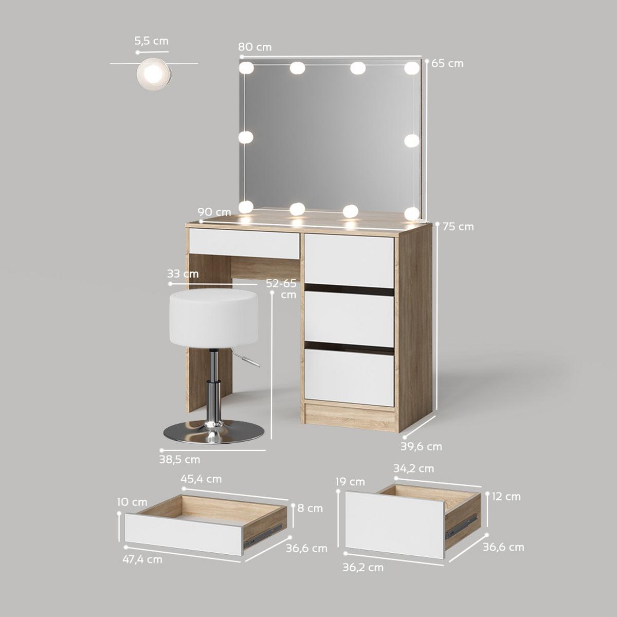 SCHMINKTISCH Imola Sonoma mit LED Beleuchtung und Hocker - Sonoma Eiche, Holzwerkstoff (90/75/40cm) - Livinity®