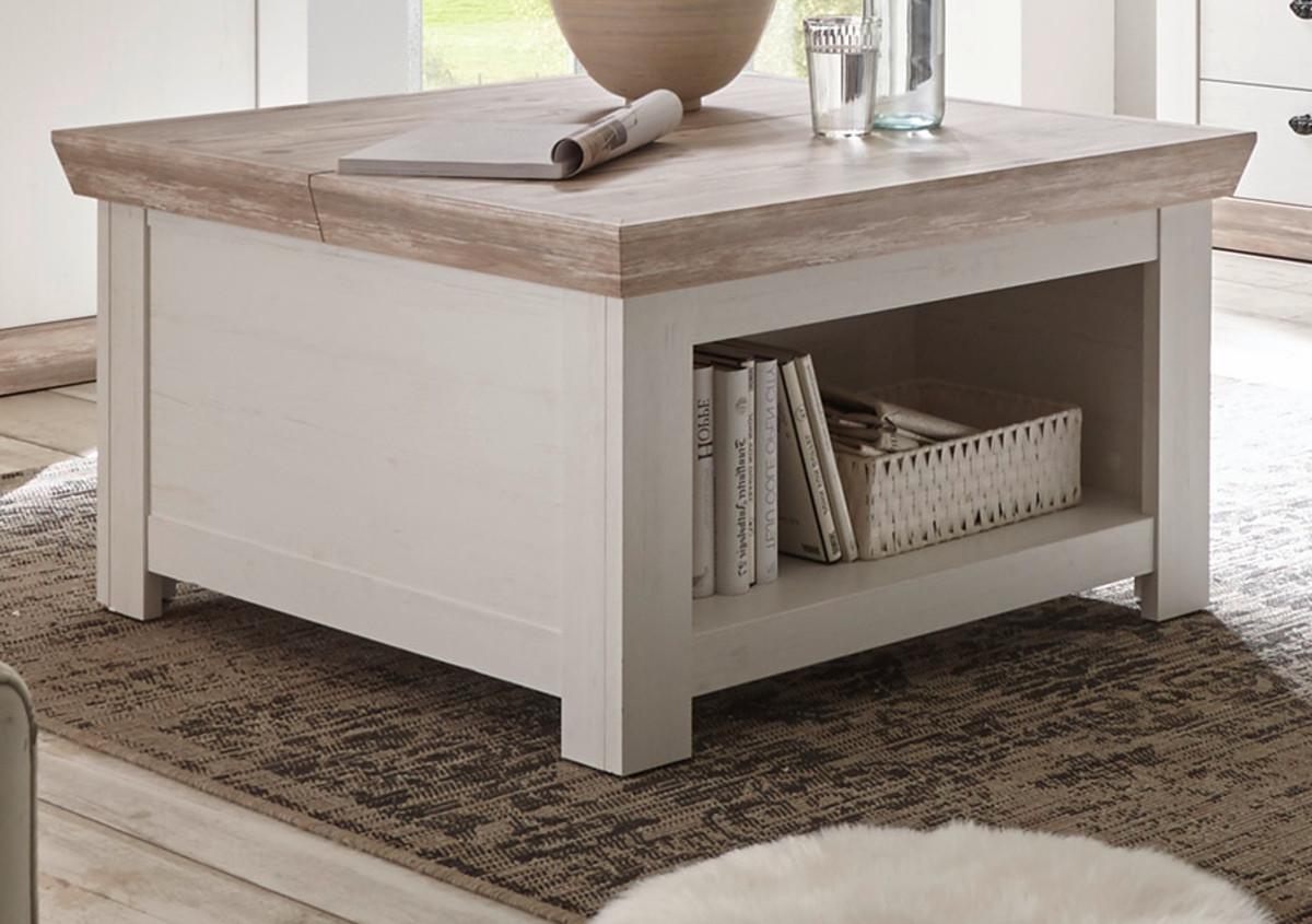 COUCHTISCH Pinie weiß, Oslo Pinie Landhaus, Beistelltisch mit Truhe Ablage, 86 x 86 cm quadratisch - Weiß/Pinienfarben, Holzwerkstoff (86/86/48cm) - Furn.Design