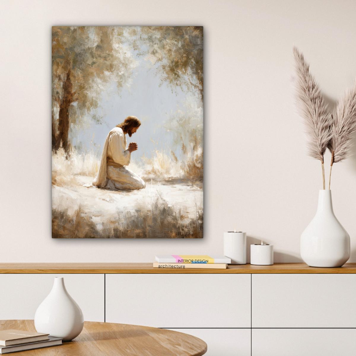 LEINWANDBILD Jesus - Kniend - Waldlandschaft - Betend Wandbild Wohnzimmer 60x80 cm - Beige/Hellblau, Textil (60/80cm) - MuchoWow
