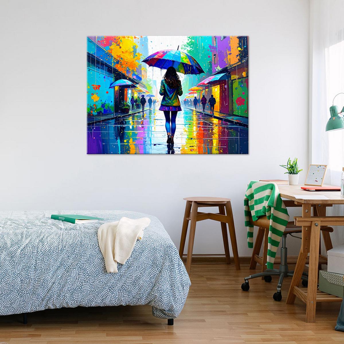 LEINWANDBILD Mädchen mit Regenschirm Street Art 100x70cm - Multicolor, Textil (100/70cm) - Feeby
