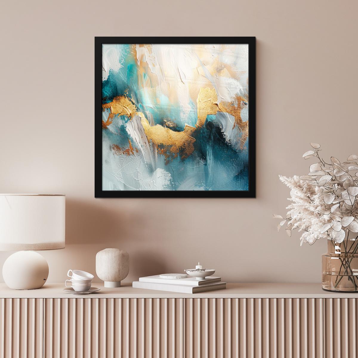 POSTER MIT RAHMENGERAHMTES BILD Abstrakt - Kunst - Gold - Blau 40x40 cm - Petrol, Papier (40/40cm) - MuchoWow