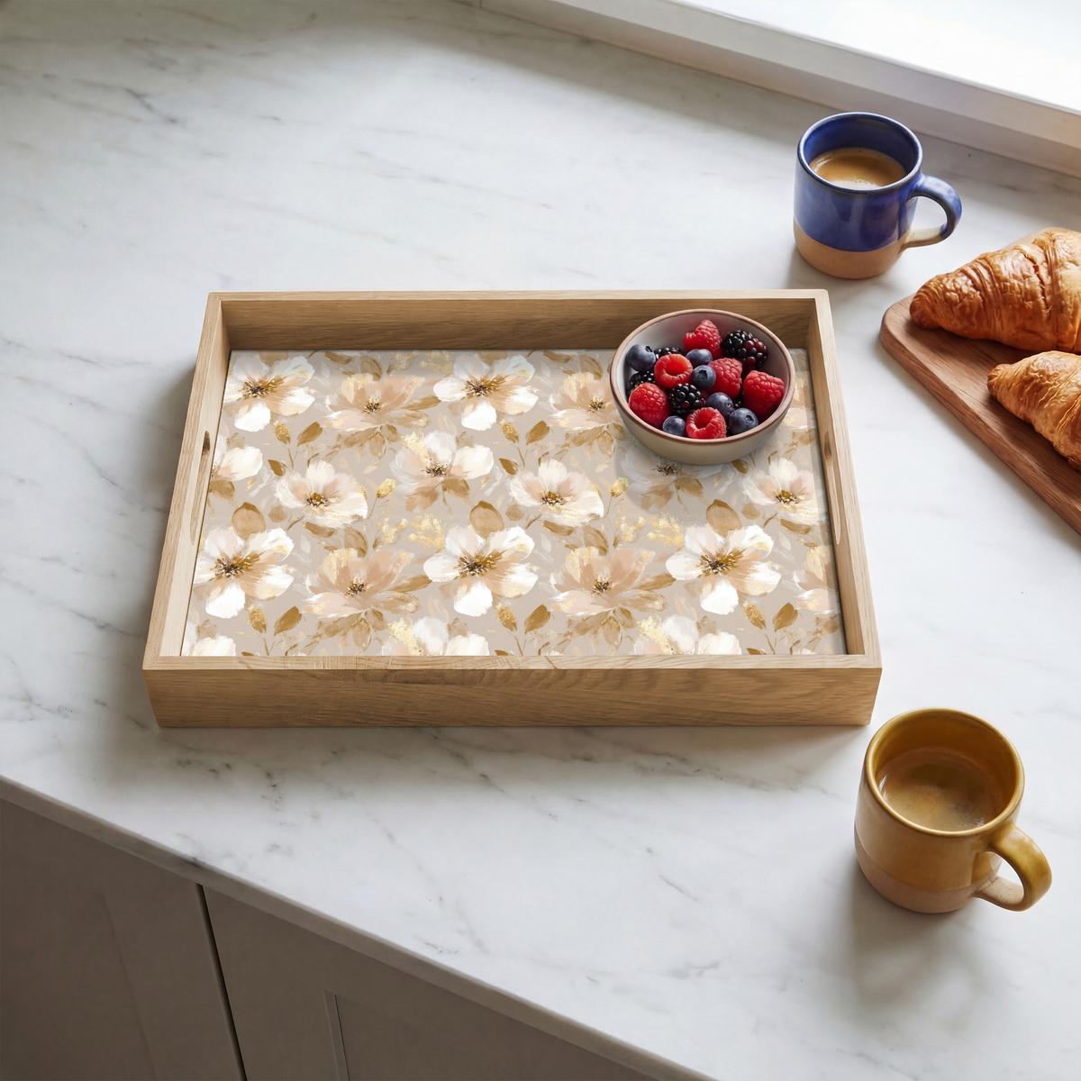 TABLETT Blumen - künstlerisch - Gold 40x30 cm - Beige, Holz (40/5/5cm) - OnlyWow