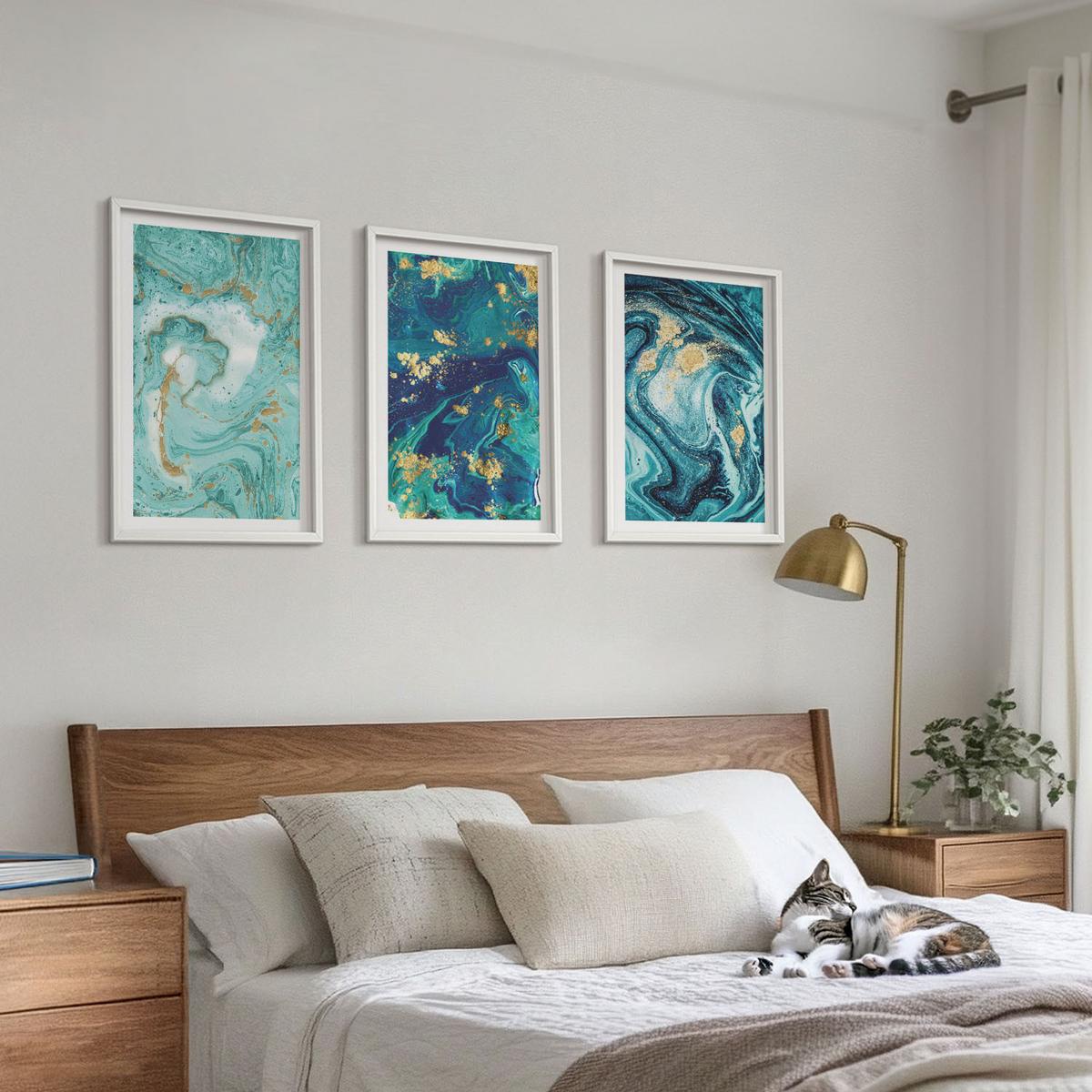 BILDER SET 3er Set - 40x60 cm Weißer Rahmen - Abstraktion von Türkisfarbe - Weiß, Kunststoff (40/60cm) - TULUP