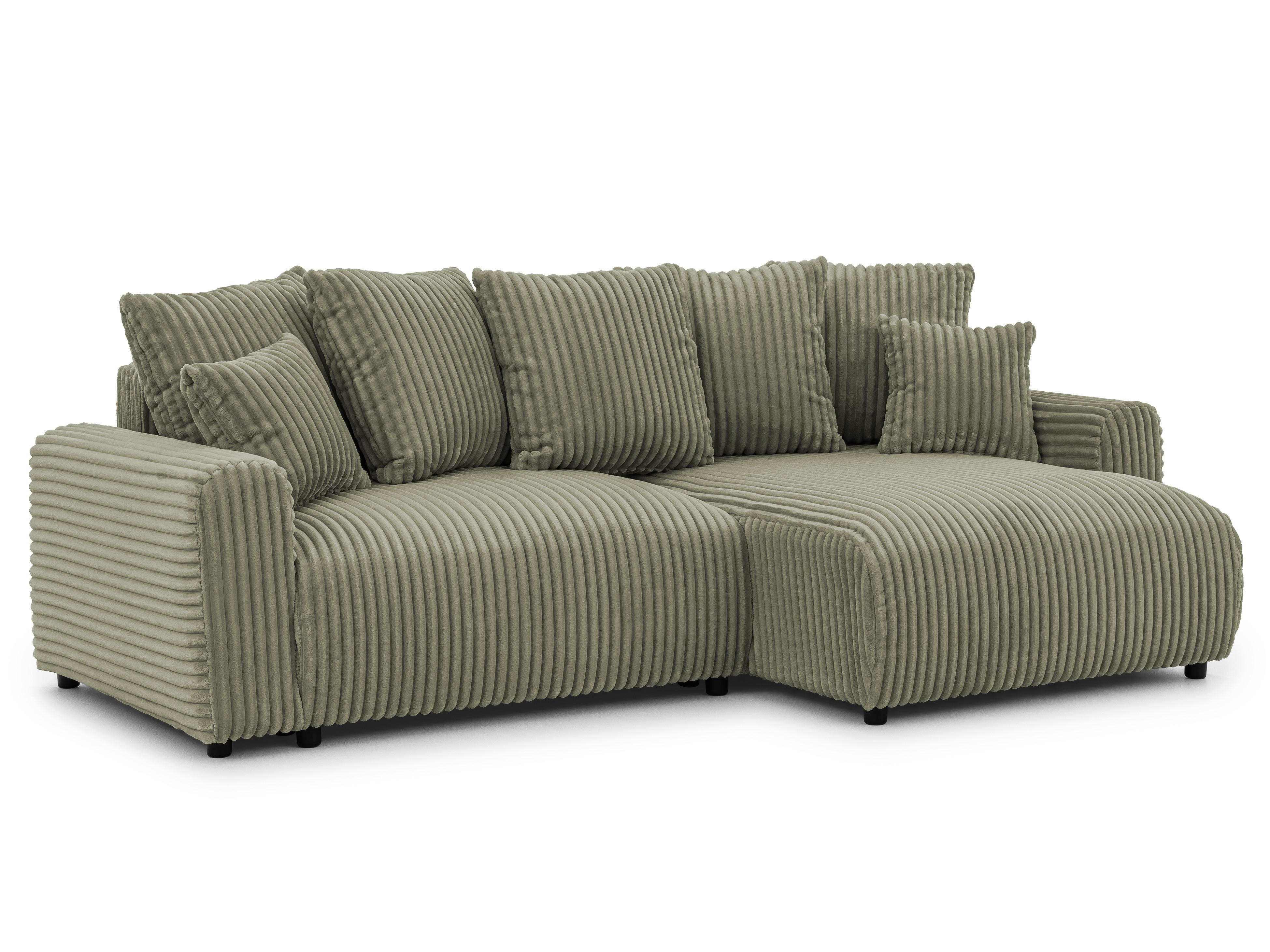 ECKSOFA Calma mit Schlaffunktion und Bettkasten im Bumpy-Design aus weichem Olive Plüschcord - Ottomane rechts - Schwarz/Grün, Holz/Kunststoff (140/239cm) - S-Style