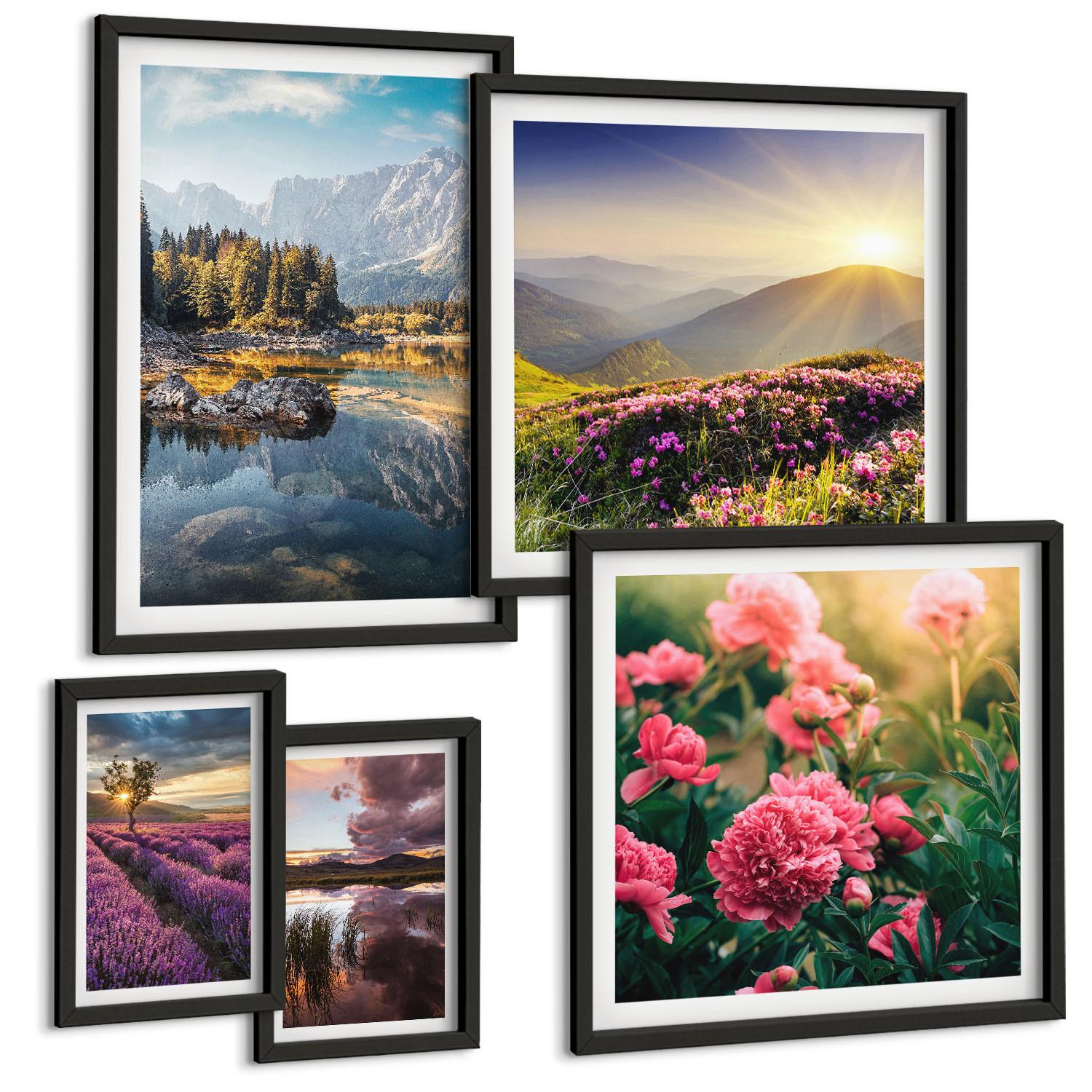 BILDER SET 5er Set - 50x50 cm & 20x30 cm & 40x60 cm Schwarzer Rahmen - Blumengarten, Bergwiese, Wasser - Schwarz, Kunststoff (40/60cm) - TULUP