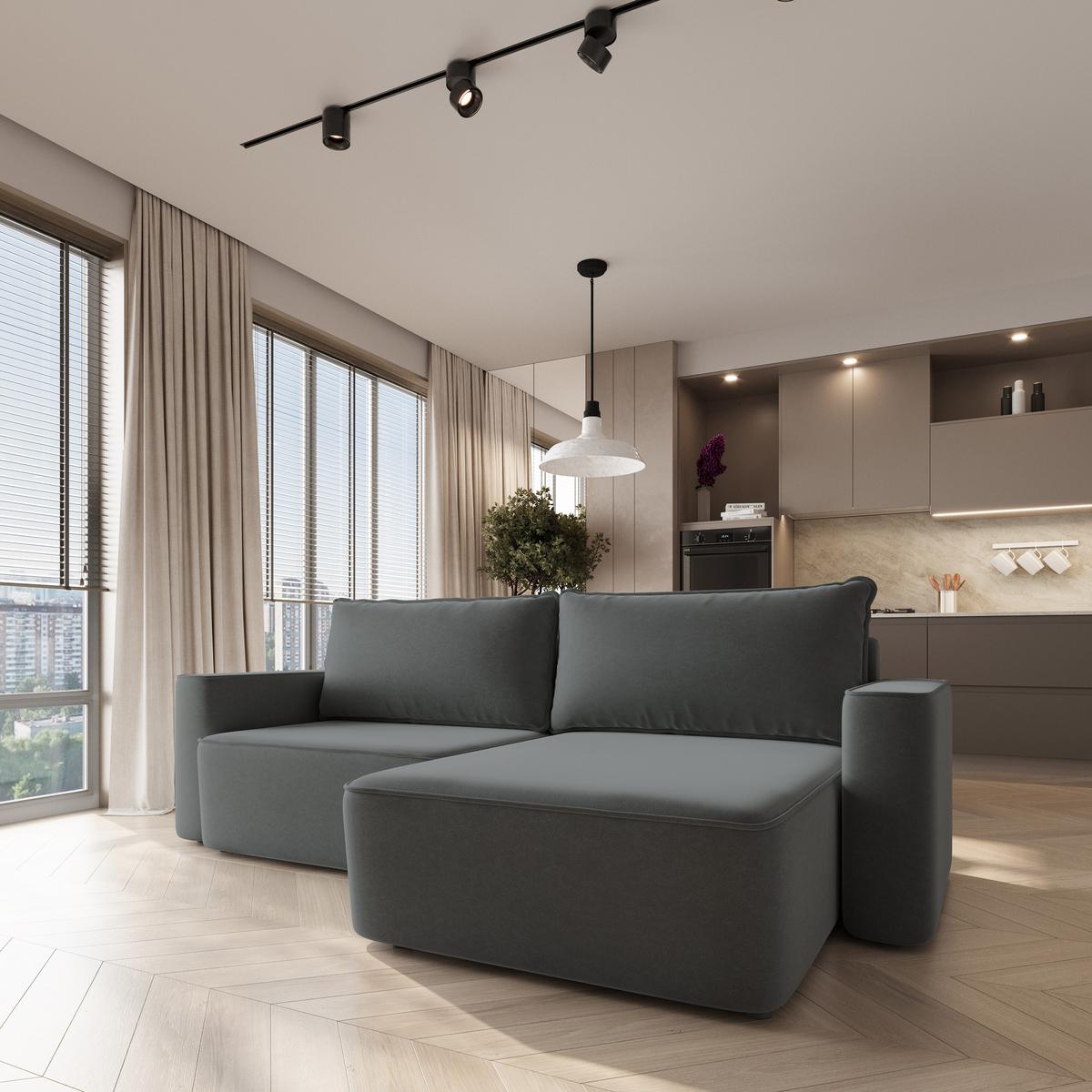 ECKSOFA BELISE CL Grau Veloursstoff mit Schlaffunktion - Grau, Holz/Textil (252/162cm) - MASSENO