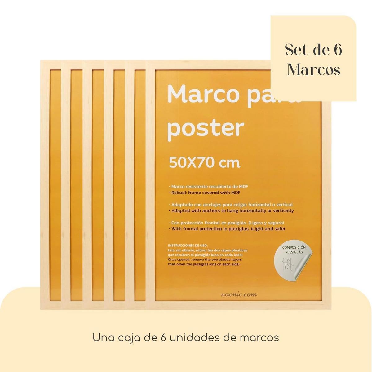 RAHMEN Set mit 6 aus MDF und Acrylglas Schutz und Aussteller für Fotografien, Bilder, Poster, Gemälde, Dekoration für Haus Farbe Hellholz 50X70 cm - Beige, Holz (50/3cm) - Nacnic