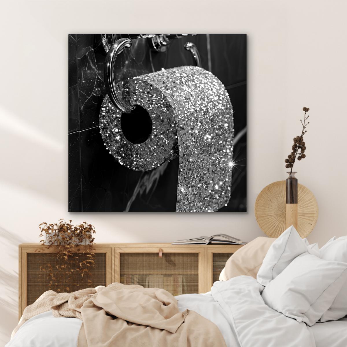 METALLBILD WC - Toilettenpapier - Schwarz und weiß - Glitter 90x90 cm - Silberfarben, Metall (90/90cm) - MuchoWow